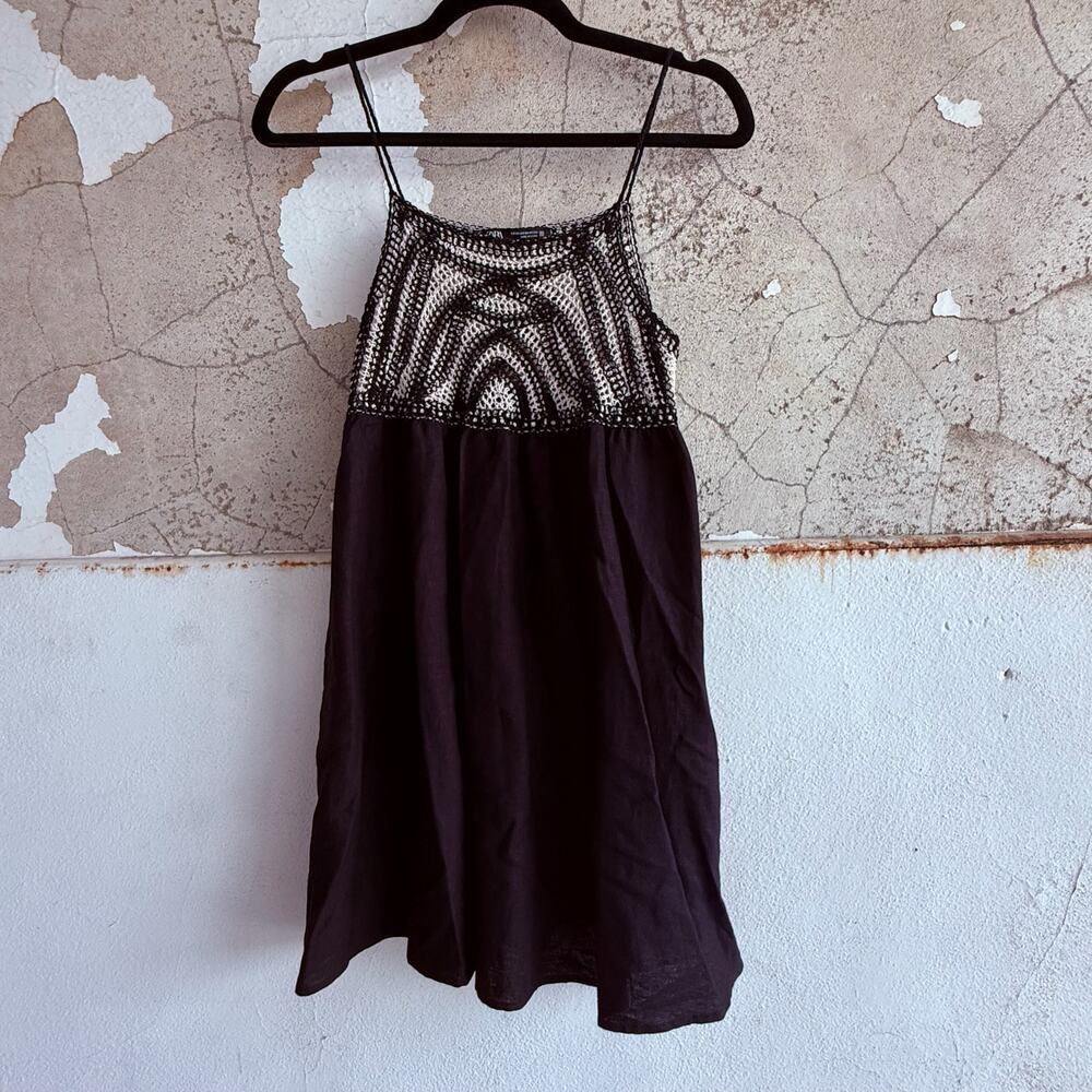 Zara Crochet Bodice Cotton Blend Mini Dress Cream Black Indie Coquette XS - Picture 2 of 9
